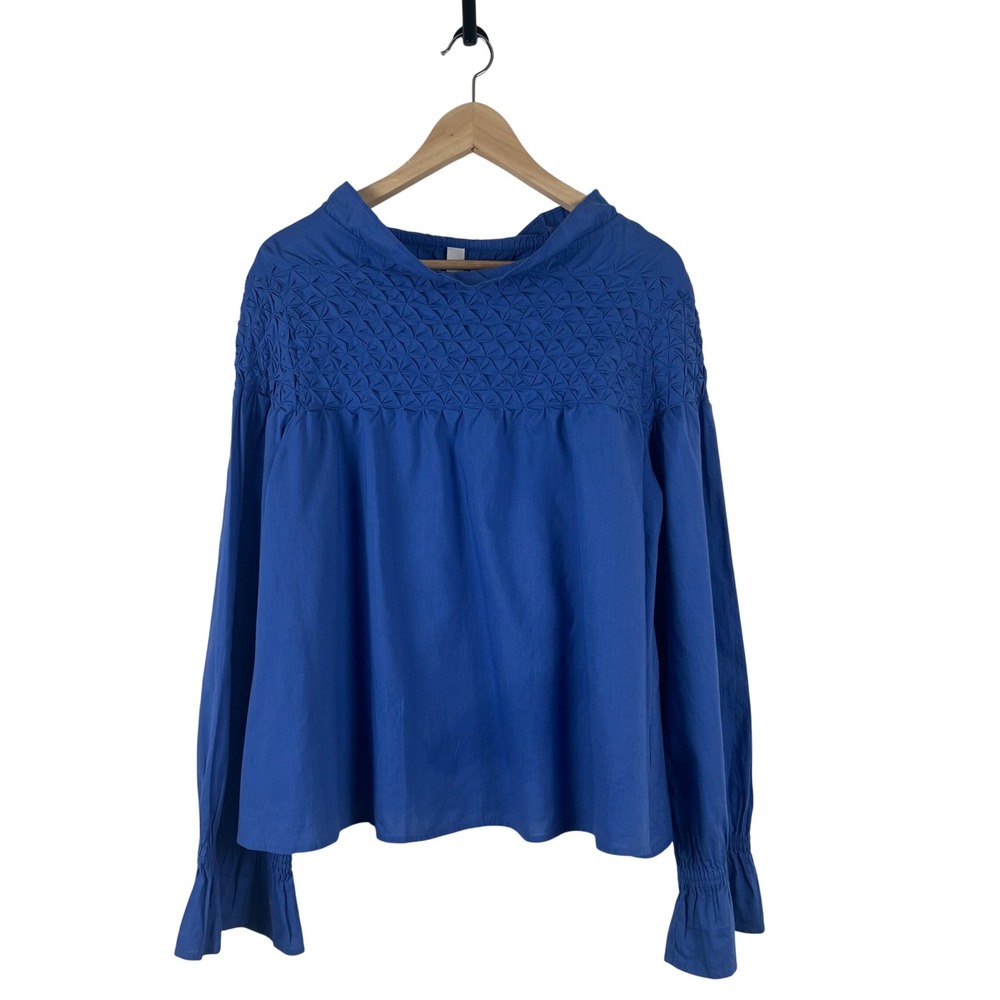 Merlette Blue Smocked Cotton Mock Neck Majorelle Long Sleeve Ruffle Top Small
